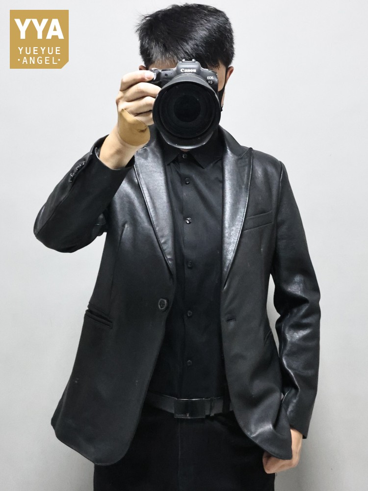 Leather Work Jacket Mens - Schmal Geschnittener Einfarbiger Herren Büro-Arbeits-Echtleder-Blazer Oberteil