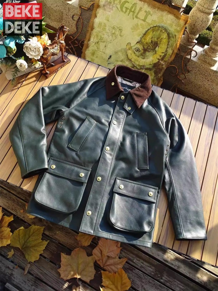 Leather Work Jacket Mens - Herren-Jacke aus echtem Rindsleder, Jagdmantel, Frühlings-Umlegekragen,