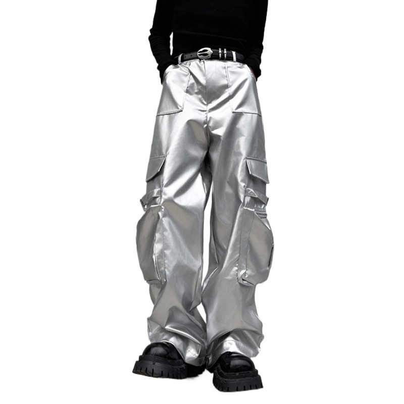 Leather Work Pants - Silber Leder Hose Männer Streetwear Fashion