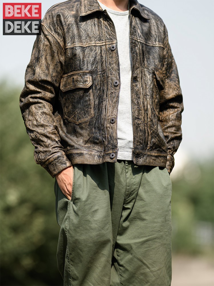 Leather Work Jacket Mens - Vintage Faltige Echte Schaffell Jacke Männer