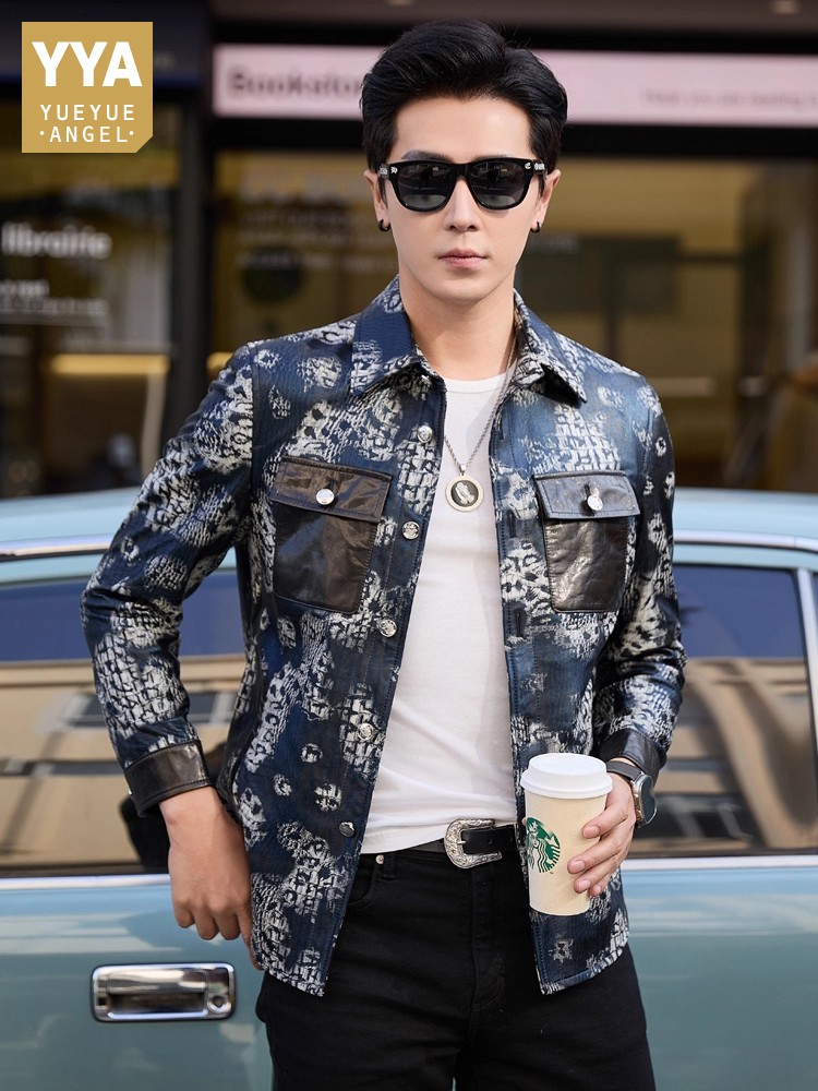 Leather Work Jacket Mens - Luxus Neue Mode Floral Bedruckte Herren
