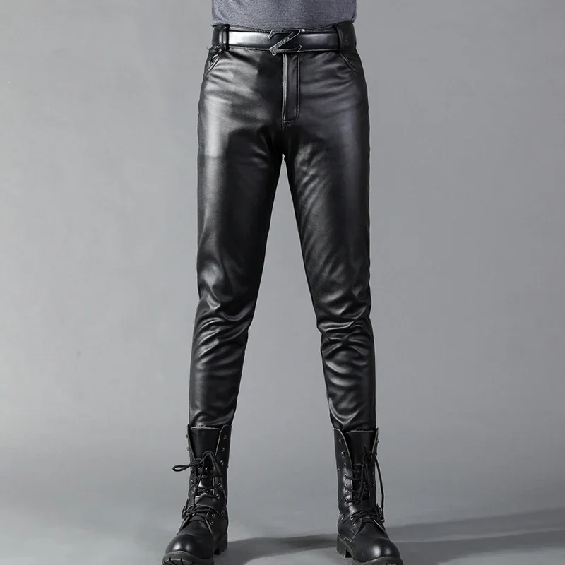 Leather Work Pants - Herren-Lederhose, schmale Passform, elastisch, modisch, PU-Leder,