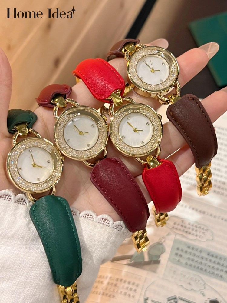 Leatherwork Ideas - Elegante Damen Echtleder-Armbanduhr mit Glänzenden Diamanten
