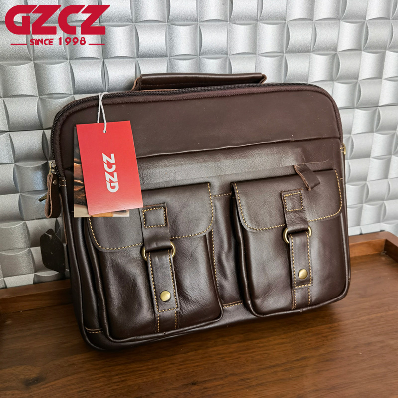 Leather Work Handbag - GZCZ Herren-Handtasche Freizeit-Business-Computertasche aus Rindsleder Horizontaler