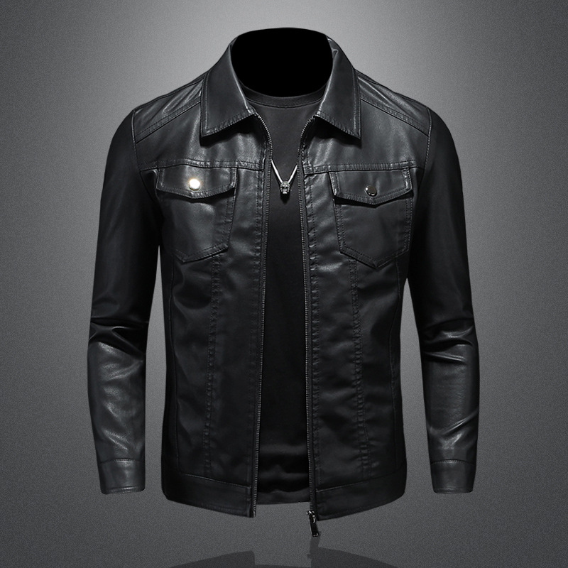 Leather Work Jacket Mens - Herren-Lederjacke mit Revers, Herbst Übergroße Slim-Fit