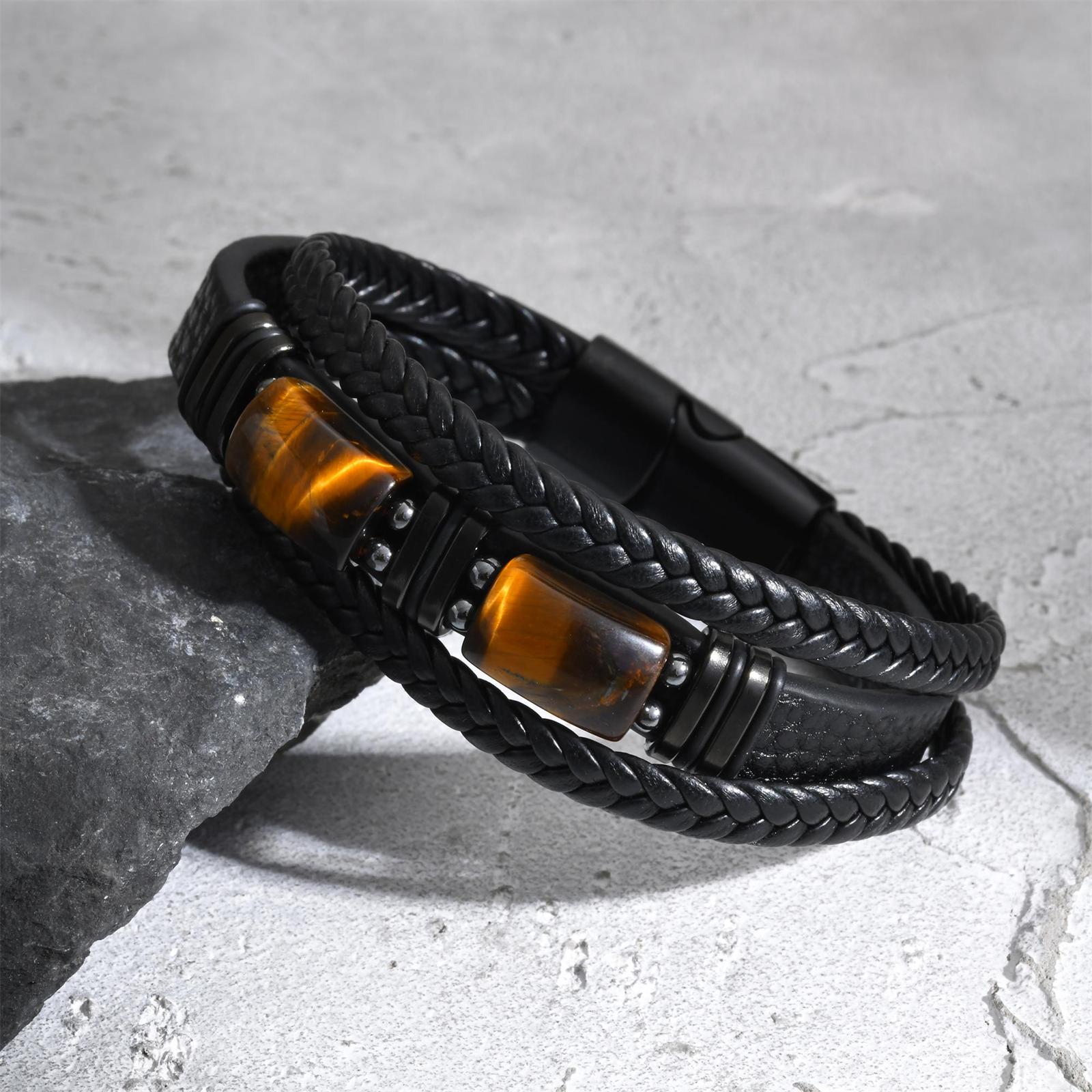 Leatherwork Jewelry - Herren-Armreif aus geflochtenem Leder mit Tigerauge-Stein,