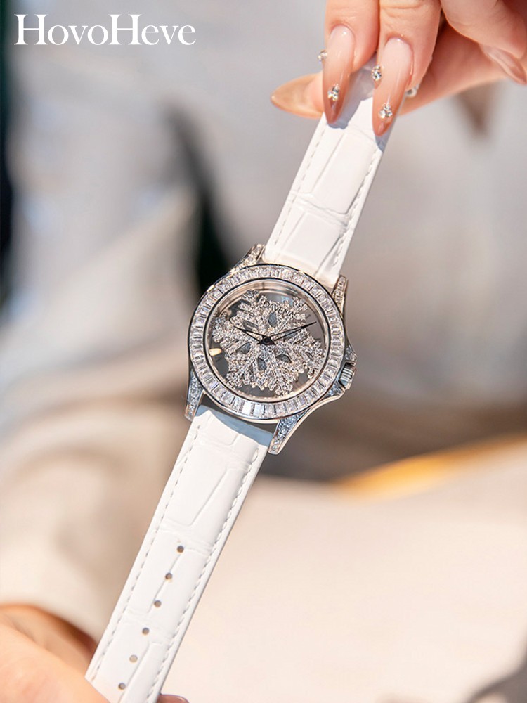Leatherwork Ideas - Italienische Designer-Diamanten-Schneekristall-Uhr Elegantes Damen-Bürozubehör Modische Echtleder-Armbanduhr