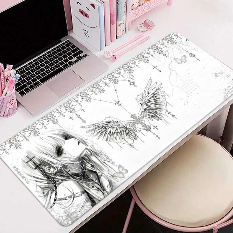 Leatherwork Table - Leder-Mauspad Schwarz Weiß Anime Ästhetik Engel-Mädchen