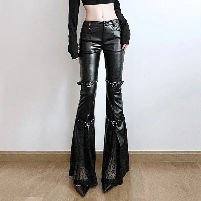 Leather Work Pants - Schlaghose aus PU-Leder für Damen, Gothic-Schnalle,